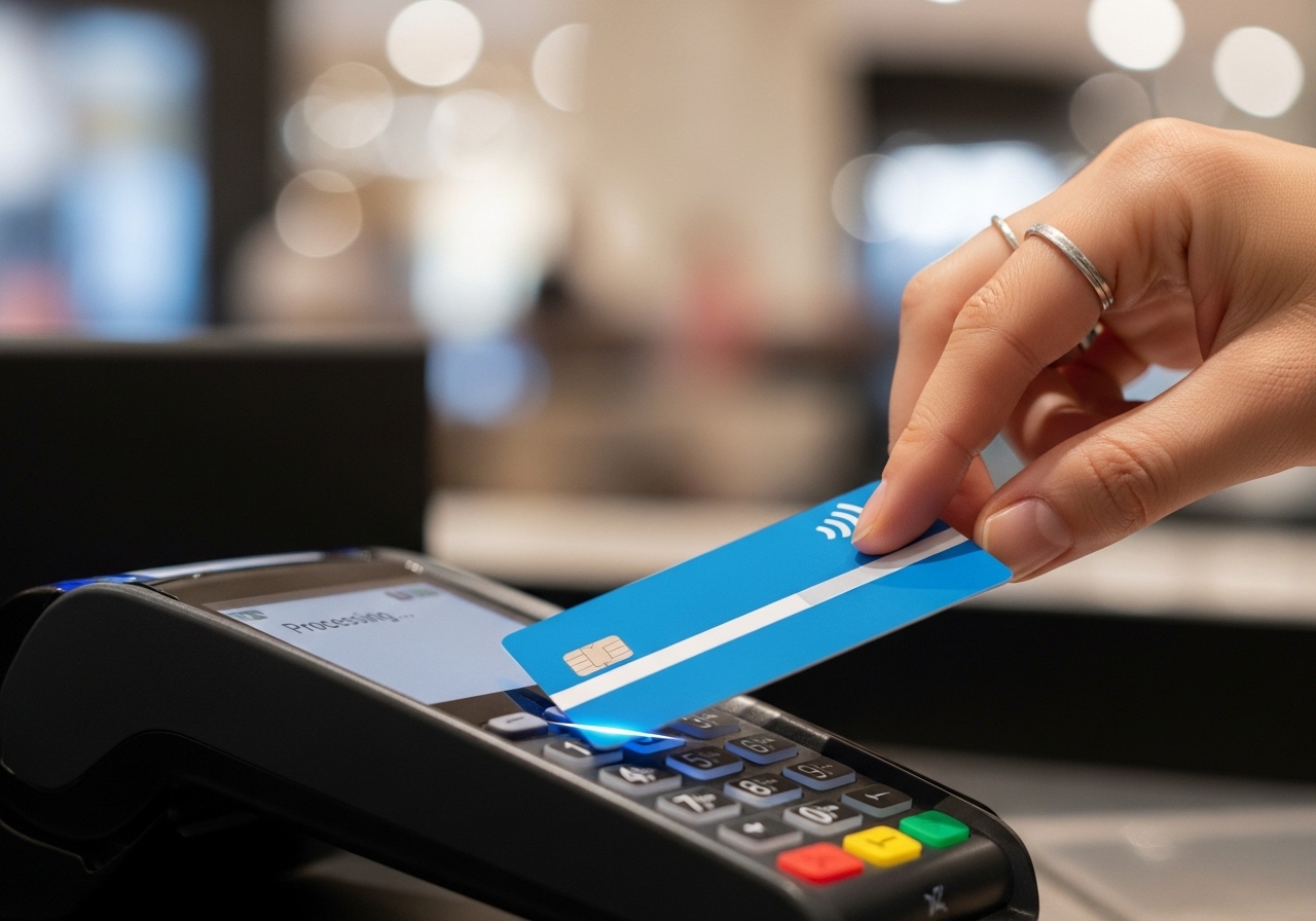 Customer using a card for secure in-person payment on a payment terminal
