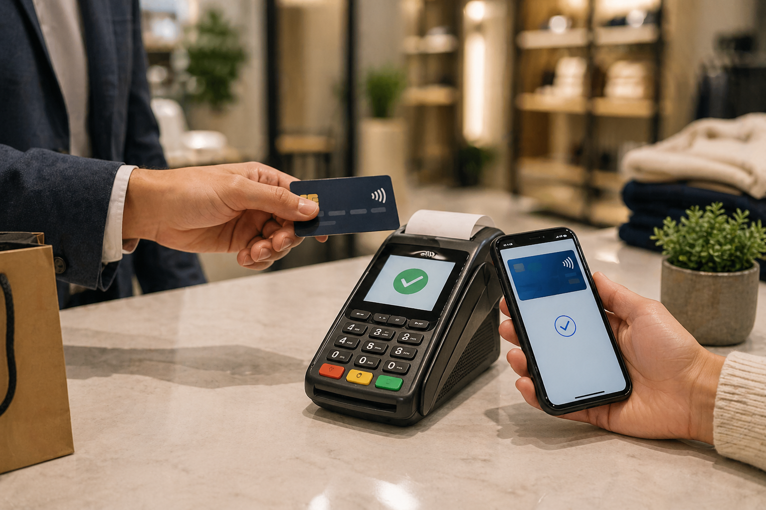 Customer paying with card and phone using AcePay payment terminal