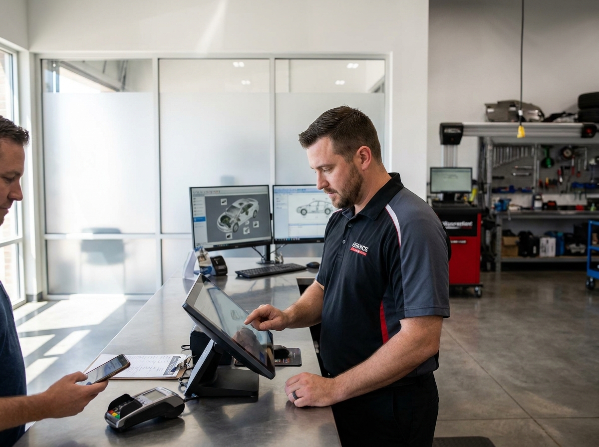 Automotive technician and customer using payment tools