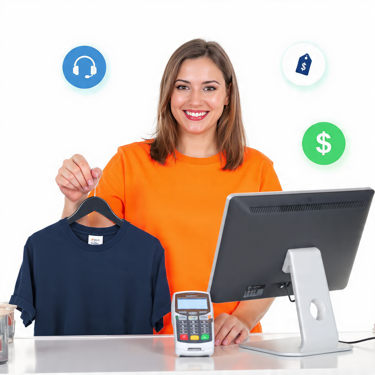 Apparel store owner using payment and sales tools